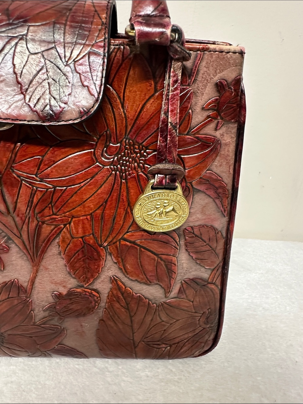 Rare vintage Embossed Brahmin Burgundy Floral Embossed Leather Satchel - Picture 2 of 13